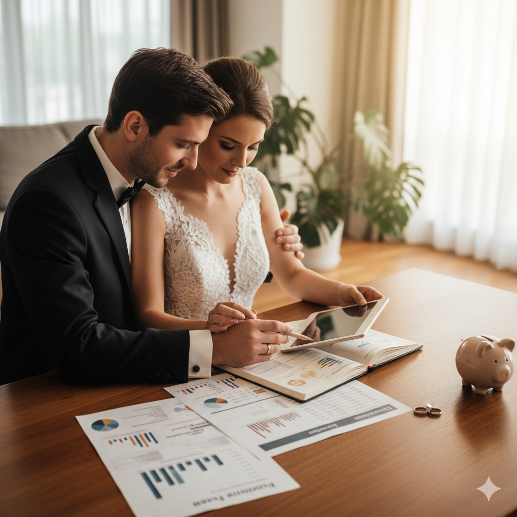 신혼부부가 돼지 저금통과 재무 계획서를 보며 태블릿으로 공동 자산 관리 계획을 세우는 모습