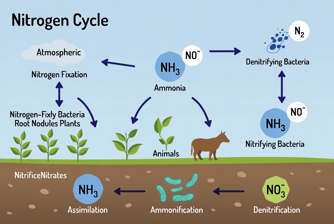 Scientific diagram of the Nitrogen Cycle illustrating how atmospheric nitrogen (N₂) is fixed into ammonia and nitrates by nitrogen-fixing bacteria in plant root nodules, taken up by plants, passed through the food chain, and returned to the atmosphere via denitrification. Key processes shown include nitrogen fixation, nitrification, assimilation, ammonification, and denitrification.