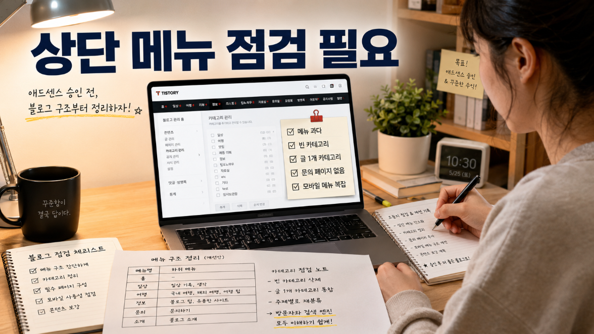 티스토리 블로그에서 복잡한 상단 메뉴와 빈 카테고리를 점검하는 상황 이미지