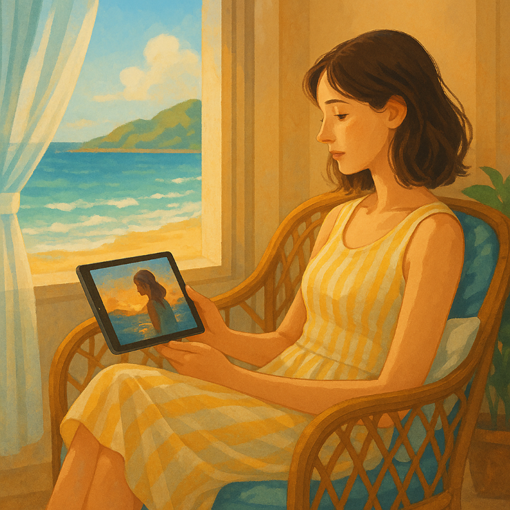 햇살 가득한 창가에서 휴양지 풍경을 바라보며 태블릿으로 영화를 감상하는 여성