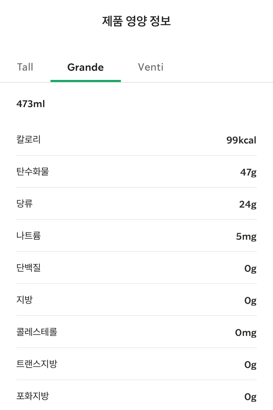 체리&자두 에너지 피지오 칼로리 / 출처 - 스타벅스 APP