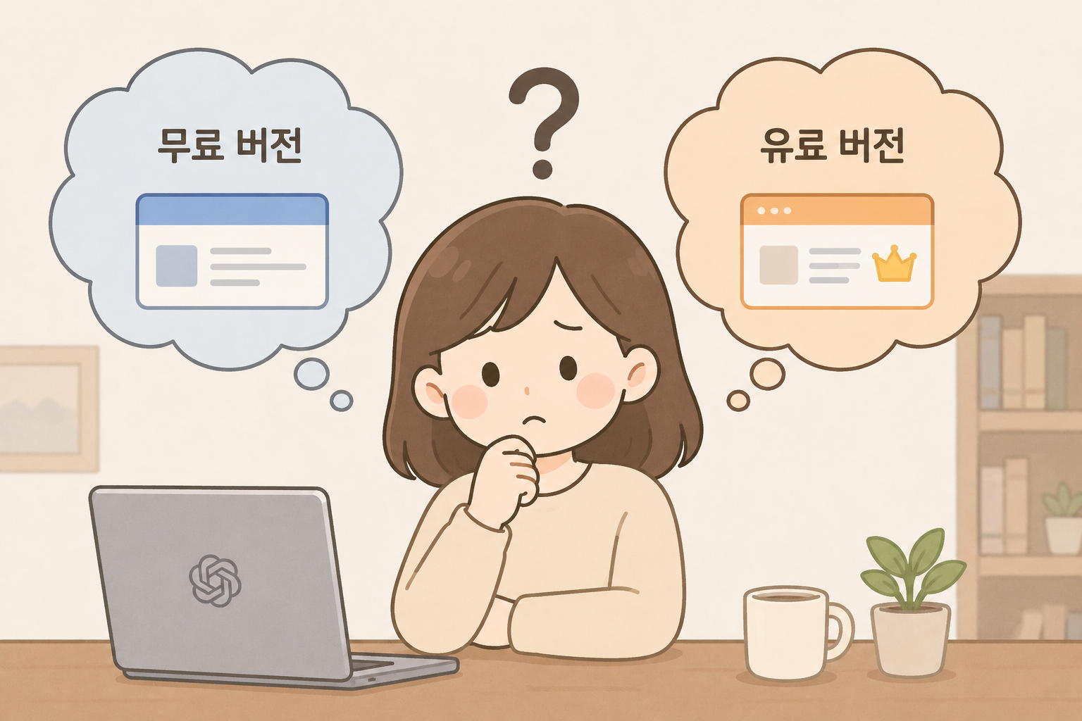 무료 버전과 유료 버전 선택을 고민하는 사용자 일러스트