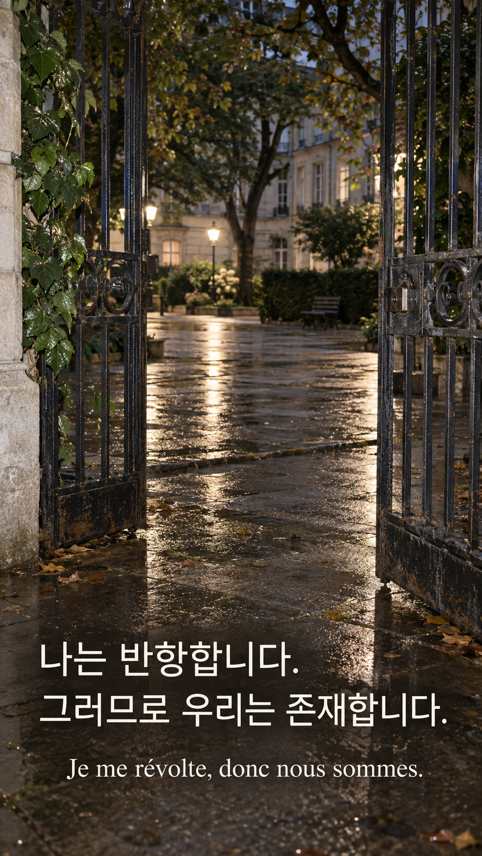 나의 거부에서 우리의 존엄으로 &mdash; 비가 그친 뒤 열린 철문과 공터