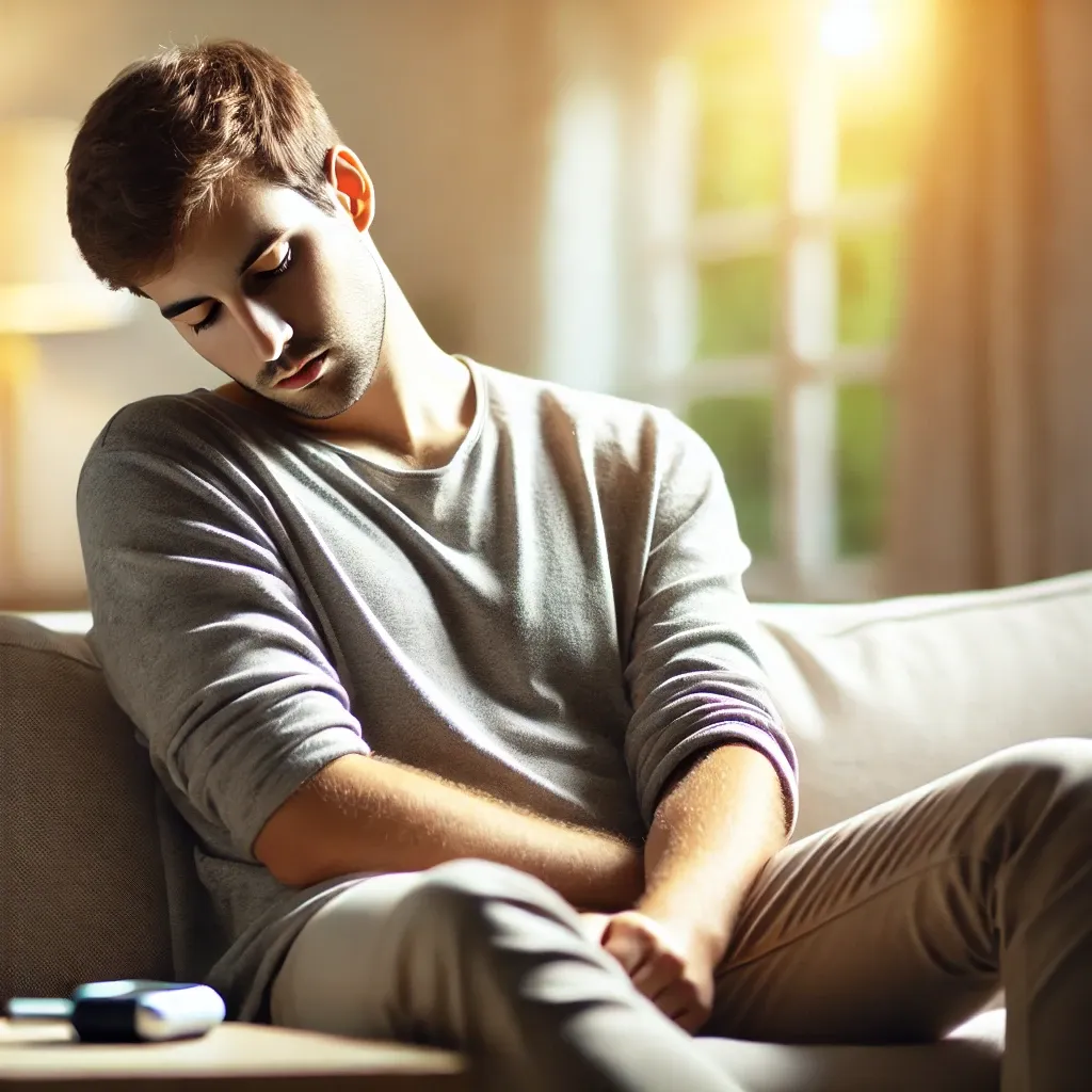 지친 표정으로 거실에 앉아있는 사람, 피로감이 느껴지는 모습, 당뇨 초기 증상