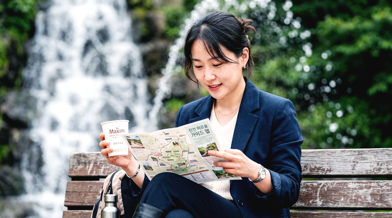 진천 농다리 미르숲 산책로 벤치에 앉아 종이컵을 들고 휴식을 취하는 30대 여성의 모습