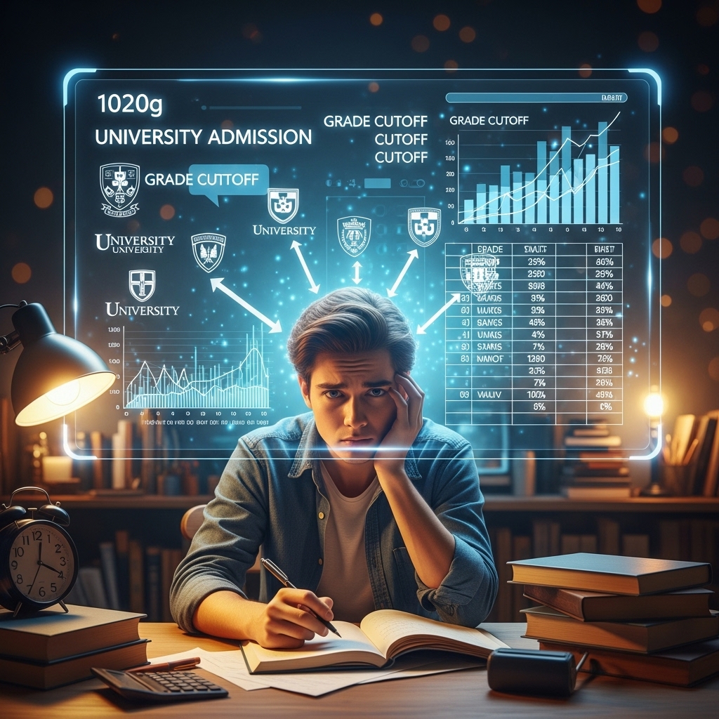 수능 등급컷 데이터를 분석하며 대학 지원 전략을 고민하는 학생의 모습