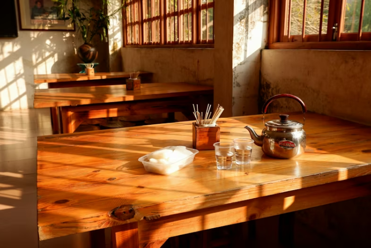 자연광이 들어오는 공간에서 따뜻한 차와 물이 놓인 나무 테이블 전경