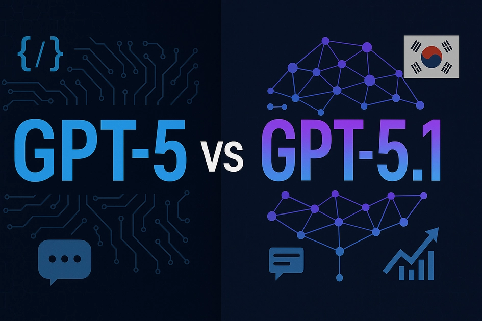 ChatGPT 5.1과 GPT-5 성능 비교 인포그래픽 - 코딩 정확도, 한국어 품질, 개발자 기능 개선사항