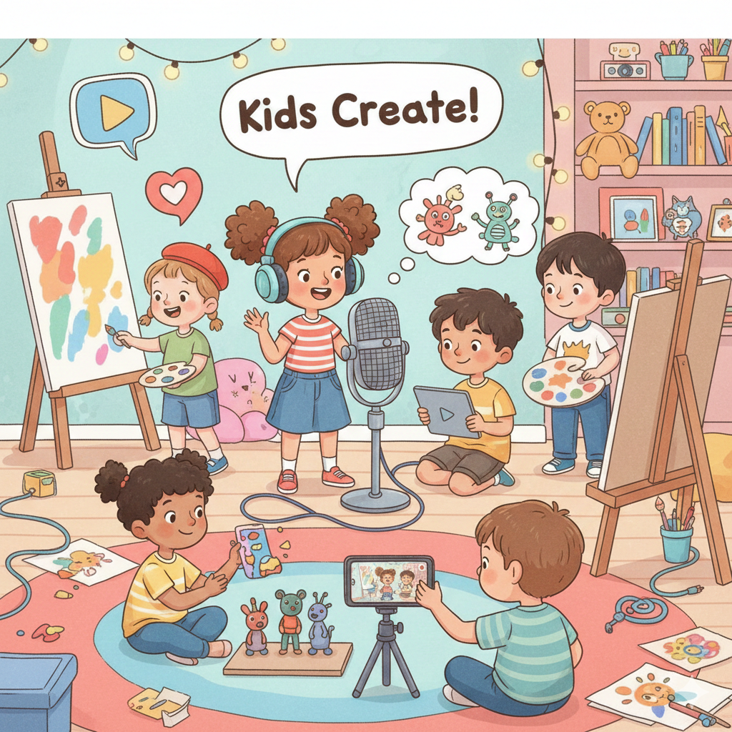 어린 아이들이 콘텐츠 제작 하는 그림