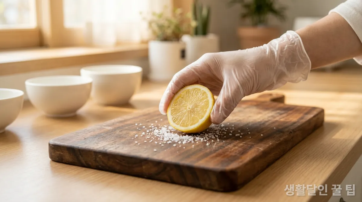 레몬과 굵은 소금을 이용해 살균 소독 중인 나무 도마의 모습