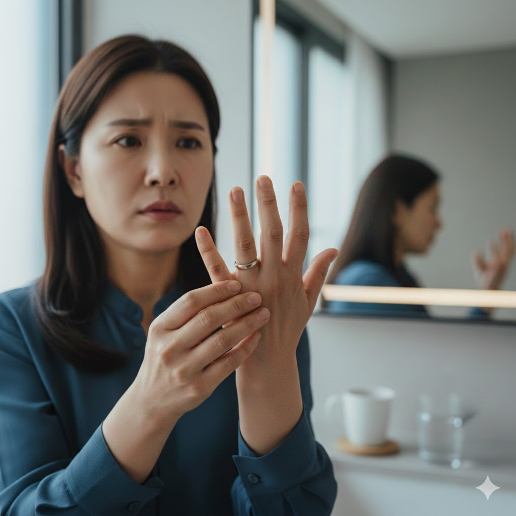 거울 앞에서 고민하는 모습이나 꽉 끼는 반지 사진