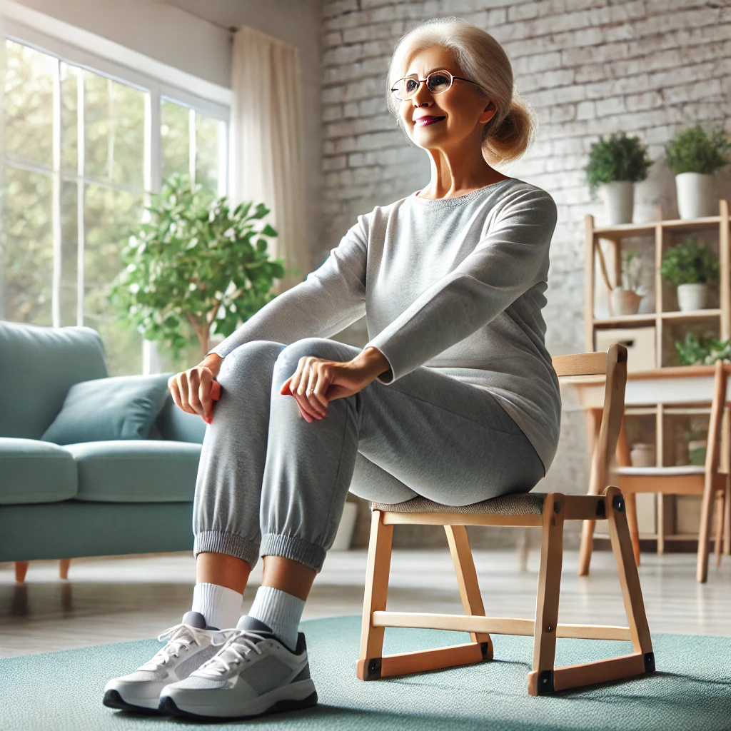 노년층을 위한 안전한 실내 운동의 분위기를 자연스럽고 따뜻하게 표현한 이미지