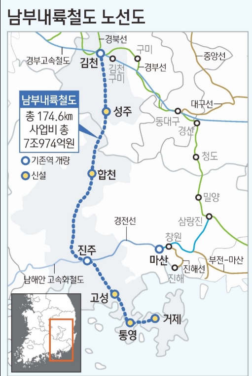 남부내륙고속철도 김천~거제 노선도와 정차역