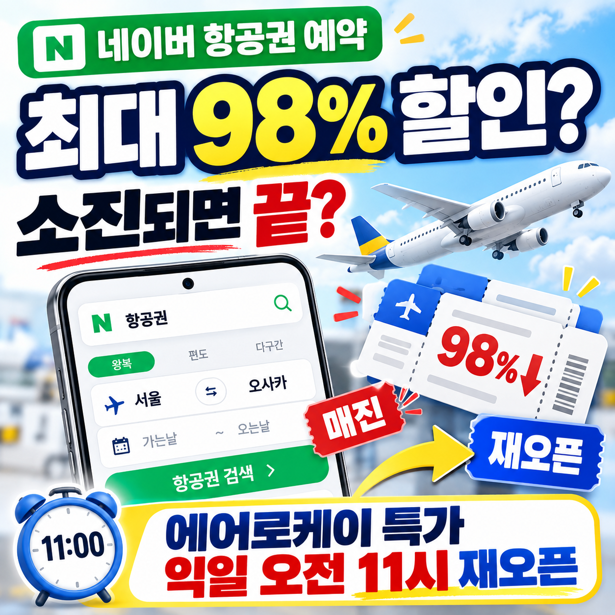 네이버 항공권 예약 최대 98% 할인, 소진되면 끝? 에어로케이 특가 익일 오전 11시 재오픈