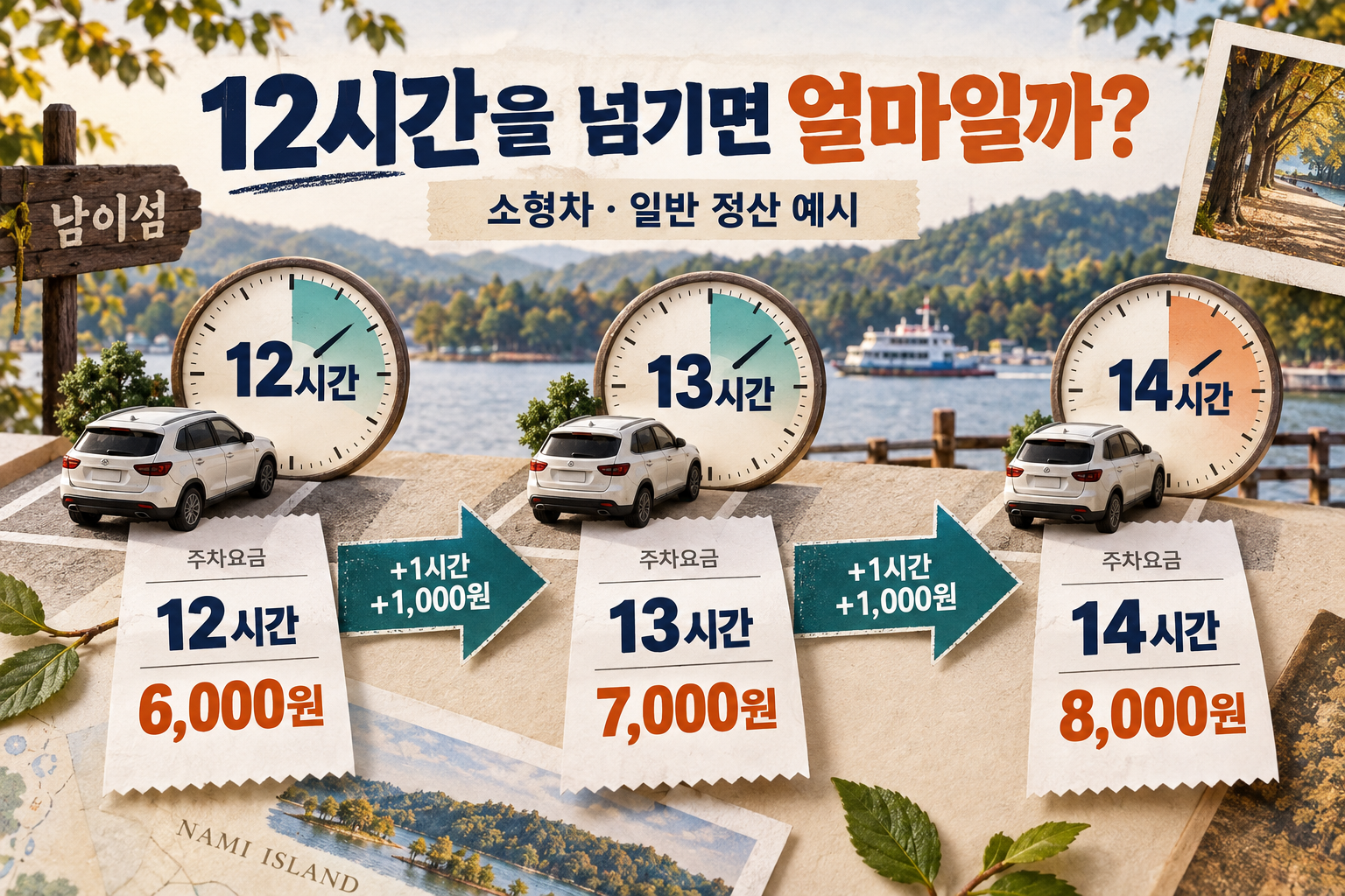 소형차 일반 정산 예시에서 주차 12시간 6000원, 13시간 7000원, 14시간 8000원으로 늘어나는 계산