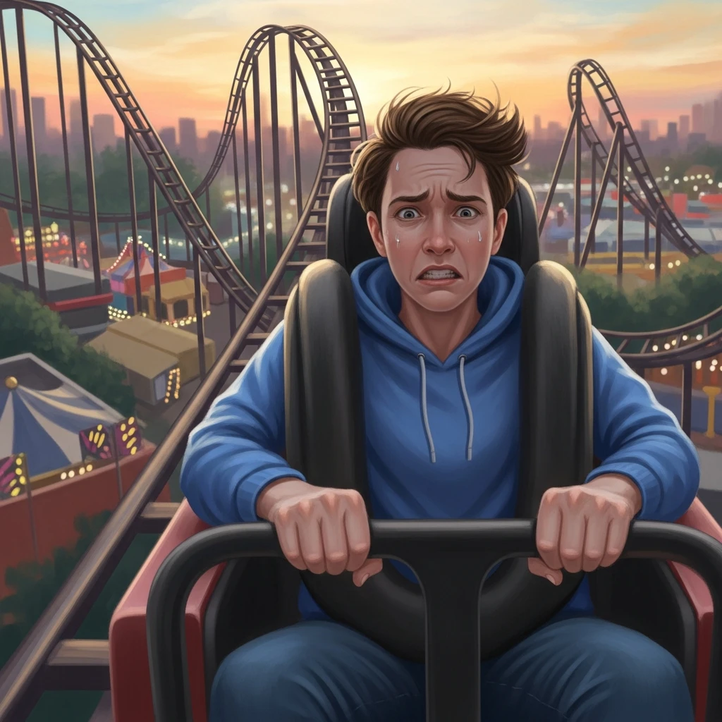 롤러코스터를 타며 속이 불편한 모습