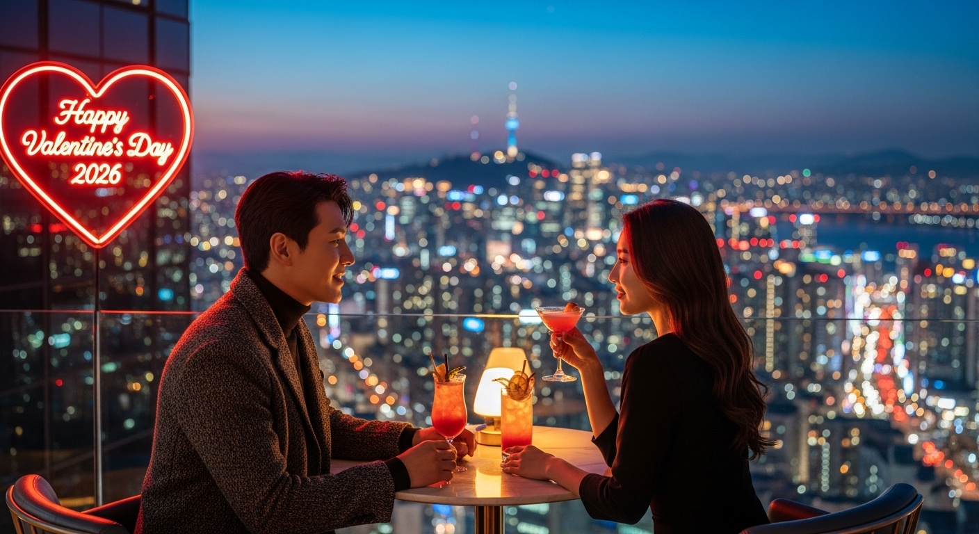 서울 도심의 화려한 불빛이 내려다보이는 고급 루프탑 바에서 즐기는 로맨틱한 야경과 칵테일