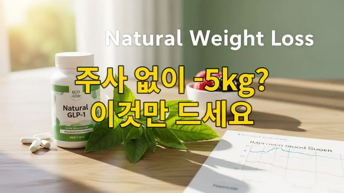 2025년 다이어트 트렌드인 천연 GLP-1 영양제, 신선한 허브, 그리고 건강한 혈당 수치 차트가 놓인 테이블 이미지