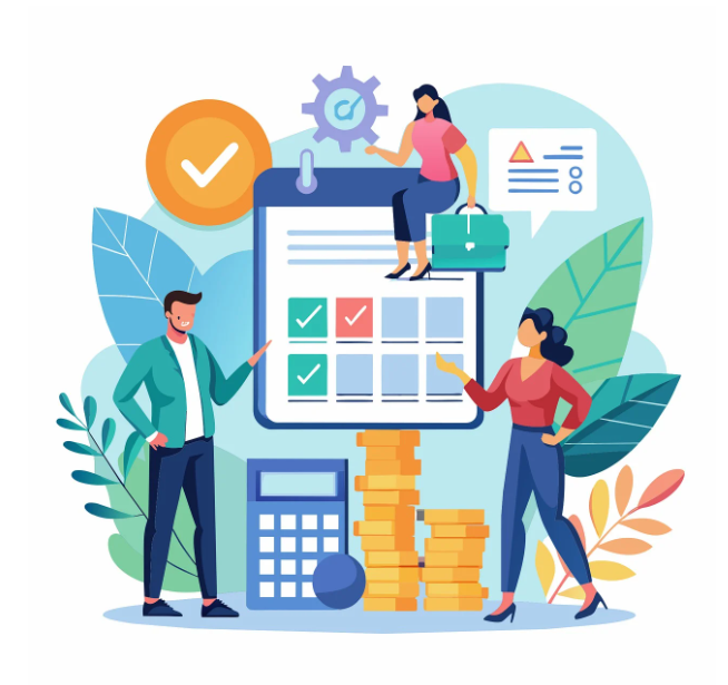 세 명의 직장인이 있고 여러가지를 체크하면서 계획하는 이미지입니다.