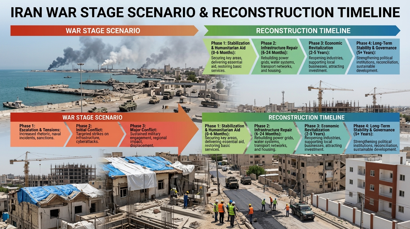 2월 28일 개전 이후 휴전 협상 시작과 전후 복구 사업 착수 시점을 나타내는 타임라인 분석