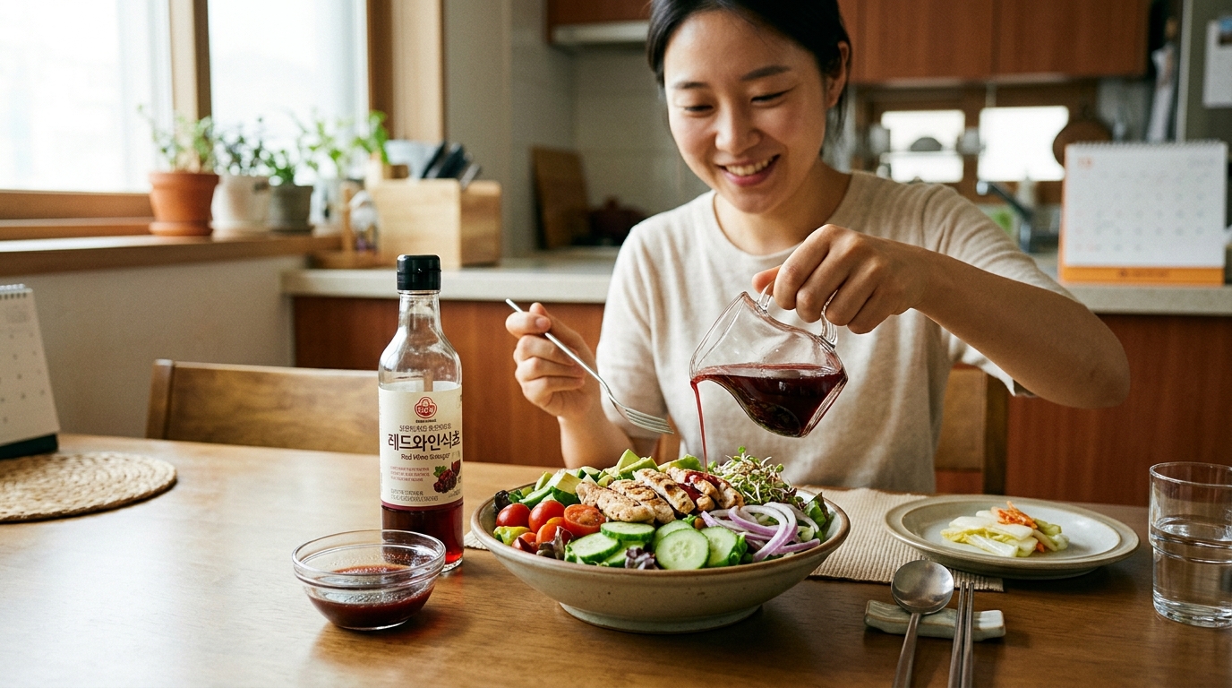 샐러드 드레싱으로 레드와인비니거를 활용하여 건강하게 식사하는 모습