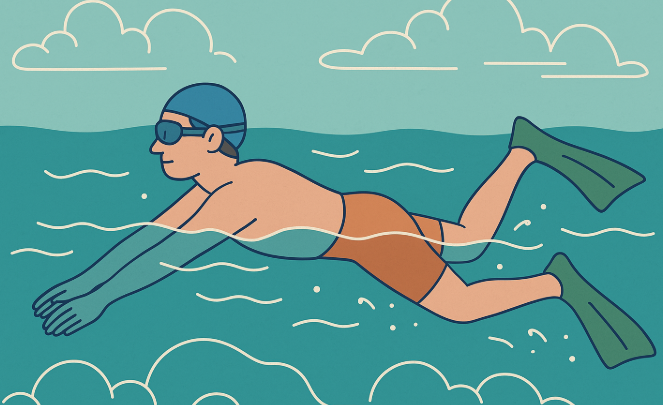 단체로 투명한 바다에서 수영대회를 즐기는 꿈