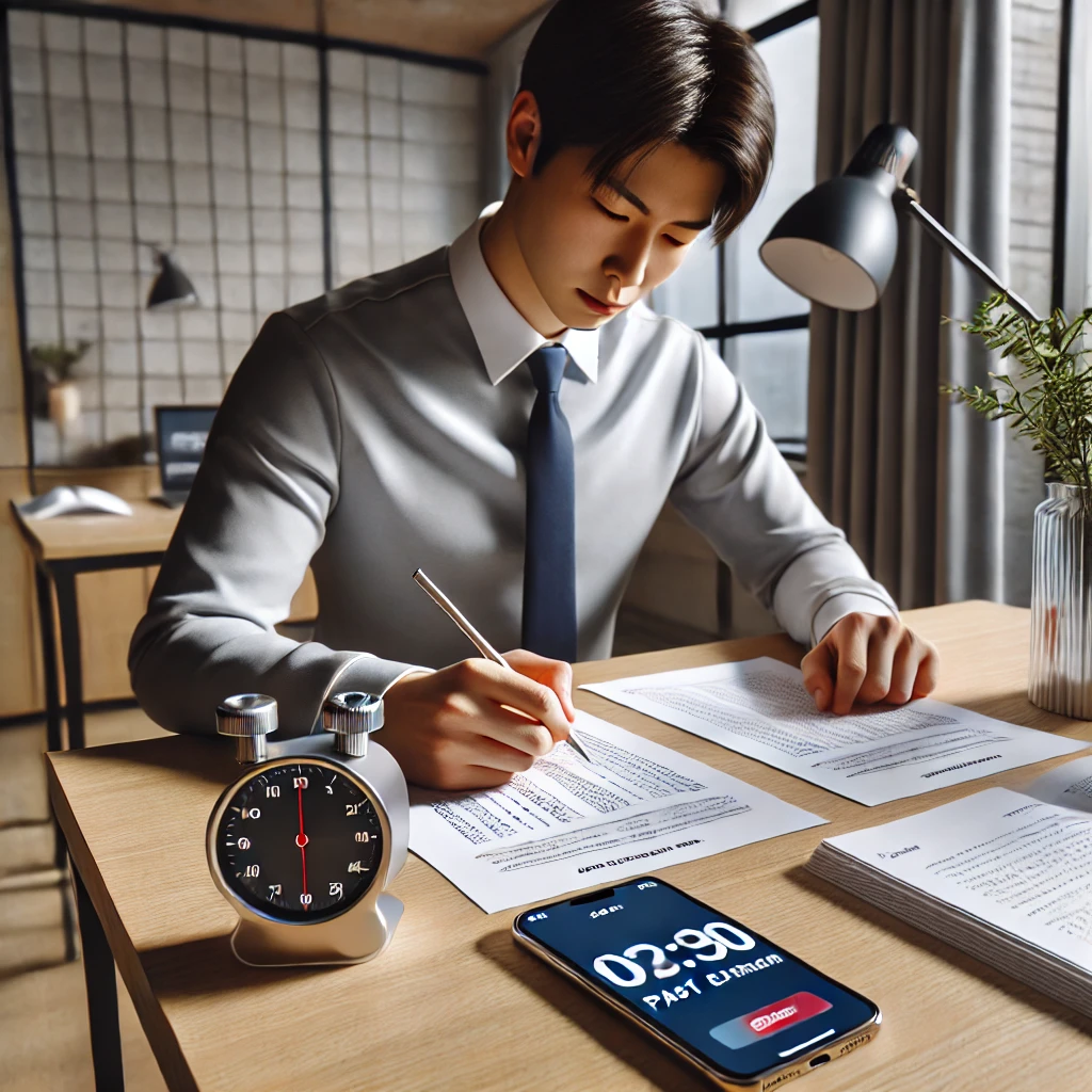 남성이 현대적인 스터디룸에서 기출문제를 풀며 시간을 측정하는 장면. 스마트폰에 타이머를 설정한 후 집중하는 모습이며, 책상 위에는 정리된 종이와 자료가 놓여 있습니다