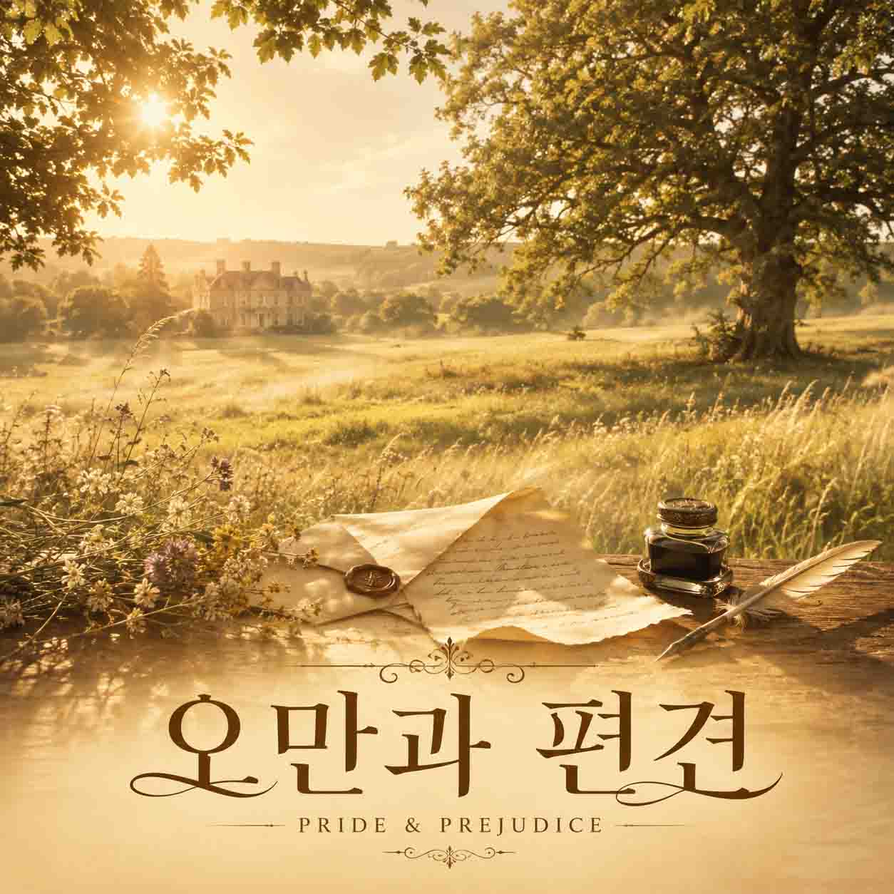영화 오만과 편견을 표현한 황금빛 영국 전원 풍경과 오래된 편지, 깃펜과 잉크병 이미지