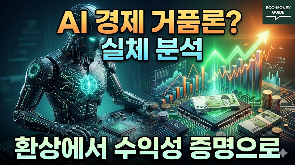 2026년 AI 경제 전망을 나타내는 거대한 로봇 형태의 서버와 반도체 칩 위의 경제 지표 그래프 대비 이미지