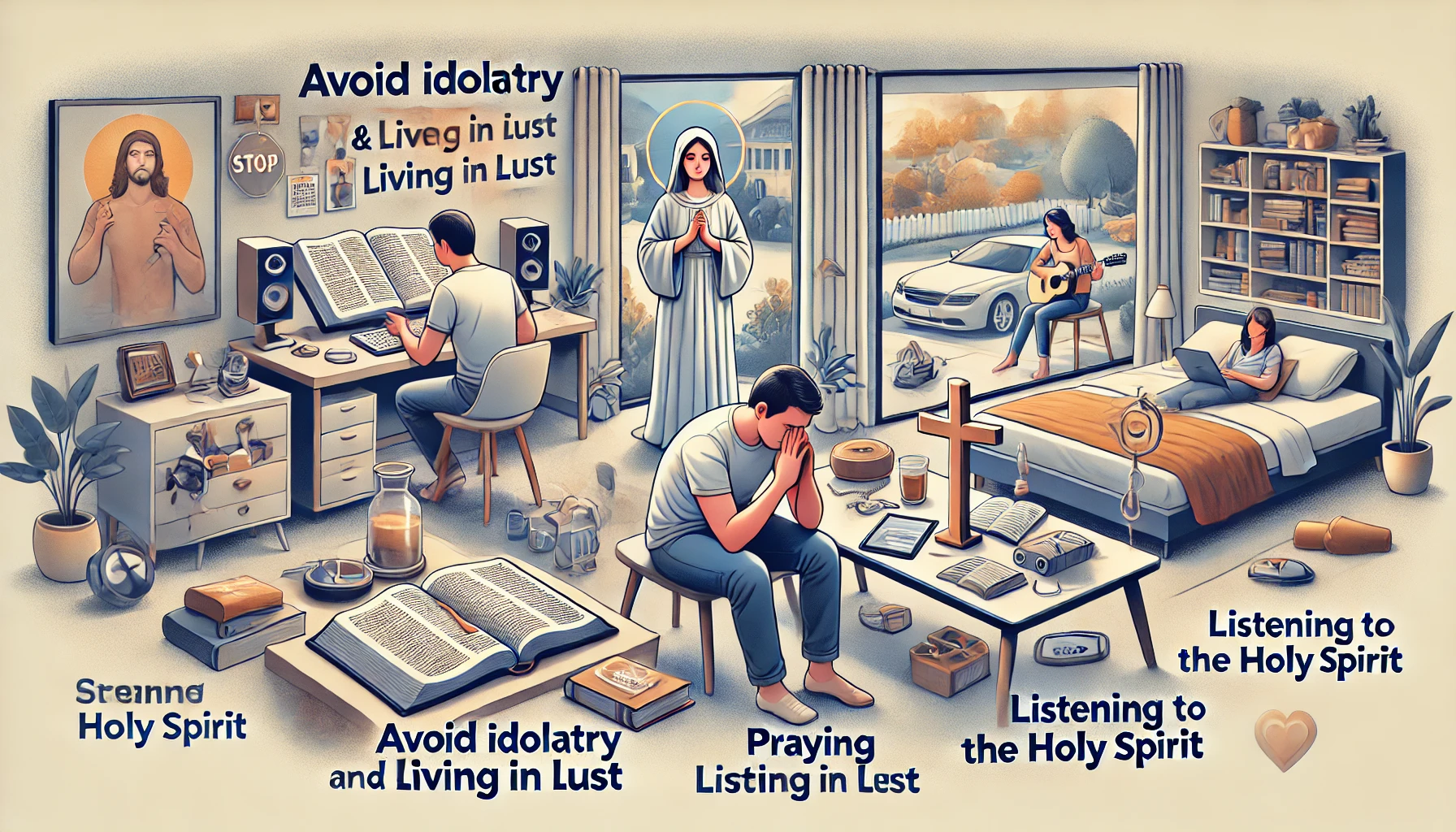 Here is the illustration showing a modern person striving to avoid idolatry and living in lust while undergoing tests from God. The scenes include the person engaging in various efforts to stay pure and focused on God's promises, such as studying the Bible closely, praying, and listening to the Holy Spirit. The environments blend a personal study area with scriptures and prayer items and a peaceful outdoor space for reflection and listening to the Holy Spirit, reflecting determination, hope, and spiritual devotion, emphasizing the belief that God will cleanse and strengthen them.