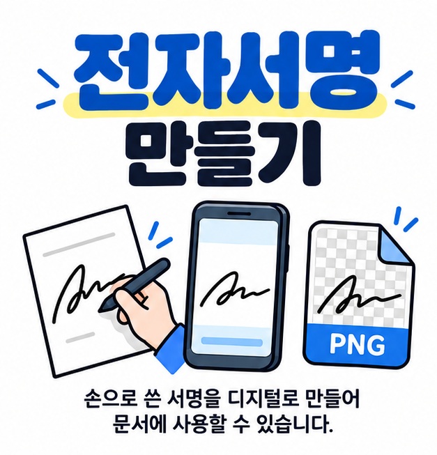 전자서명 만들기 문구와 손서명, 스마트폰, 투명 PNG 파일 아이콘을 보여주는 대표 카드