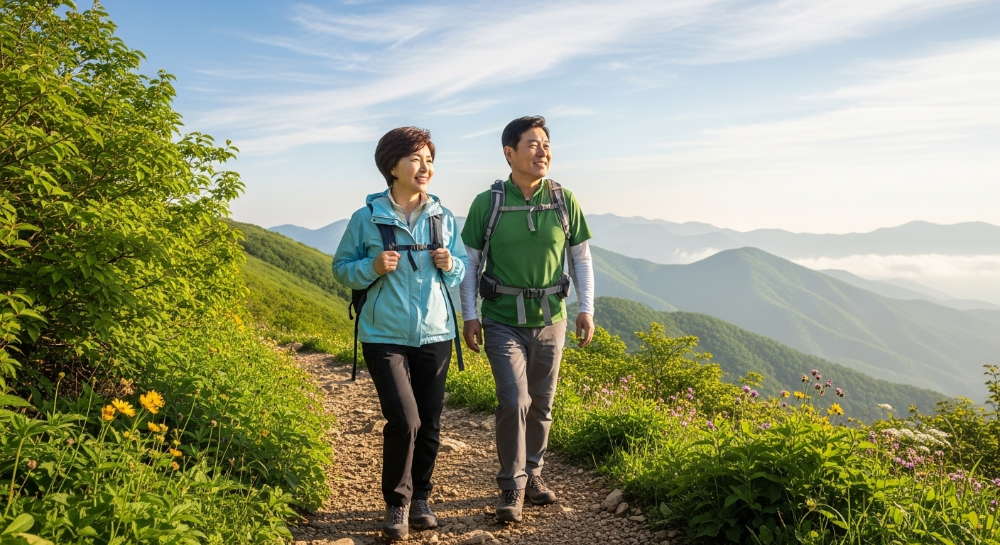 건강하고 활기찬 4050 중년 부부가 함께 등산하며 미래를 바라보는 모습
