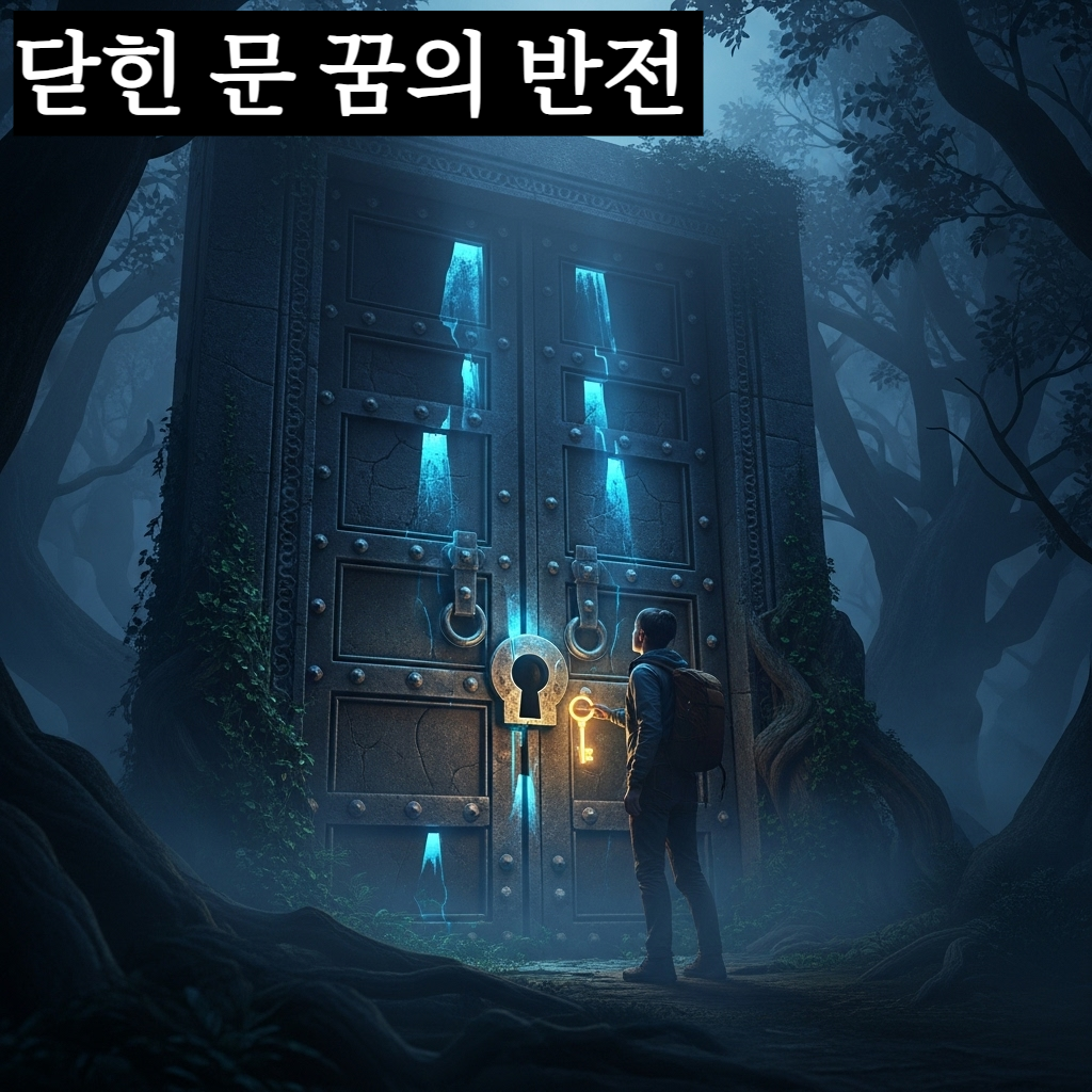 짙은 안개 속 굳게 닫힌 거대한 석문 앞에 서서 열쇠를 쥐고 고민하는 사람의 몽환적이고 신비로운 일러스트