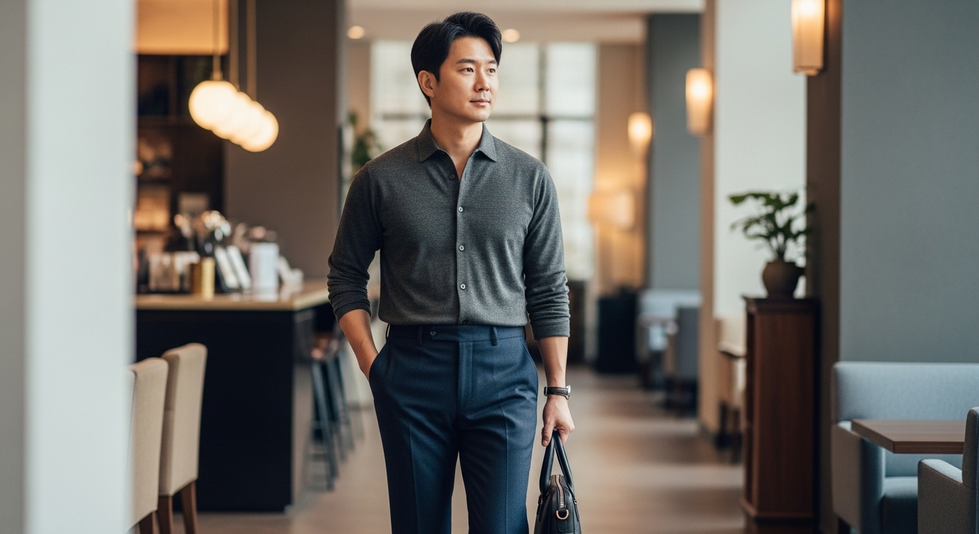 정갈한 다크 그레이 버튼업 니트 셔츠와 네이비 울 슬랙스를 입고 가죽 서류 가방을 든 남성이 모던한 오피스 공간에서 걷고 있다. 세련된 비즈니스 캐주얼 스타일이다.