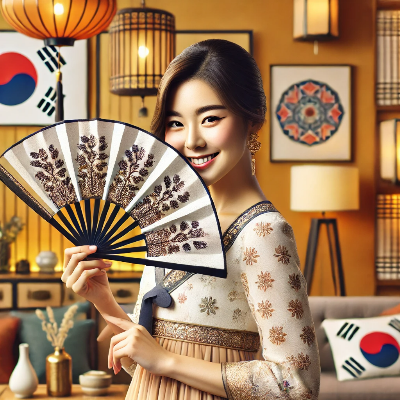 한복을 입은 여성이 부채를 펼치고 웃고있다.