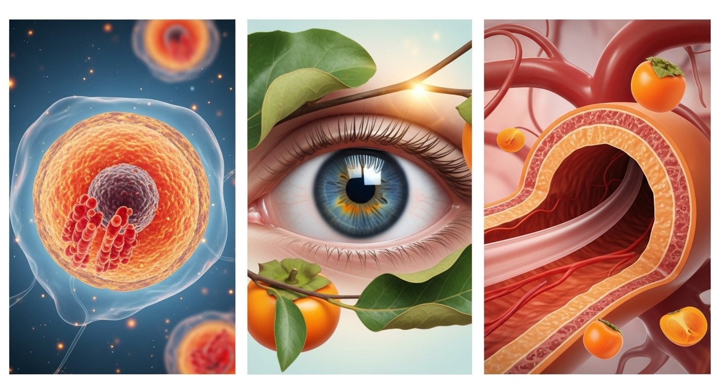 면역력, 눈 건강, 혈관 건강 등 단감의 다양한 효능을 상징하는 요소들이 어우러진 시각적 표현.