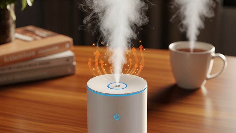 테이블 위에서 풍부한 수증기를 뿜어내며 실내 공기를 촉촉하게 만들어 열 전달 효율을 높이는 가습기 클로즈업