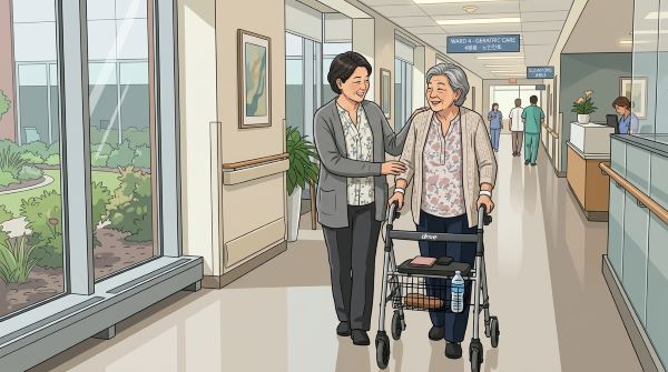 병원에서 병원동행 매니저의 도움을 받고 있는 어머니