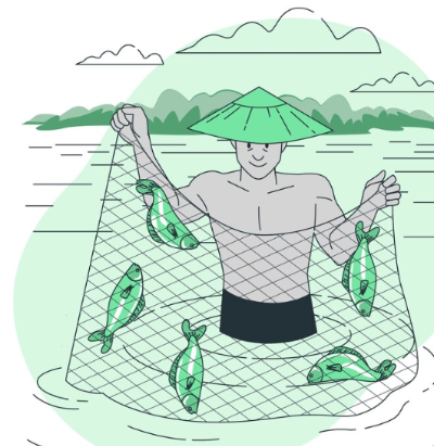 민물에서 낚시하는 남자 일러스트