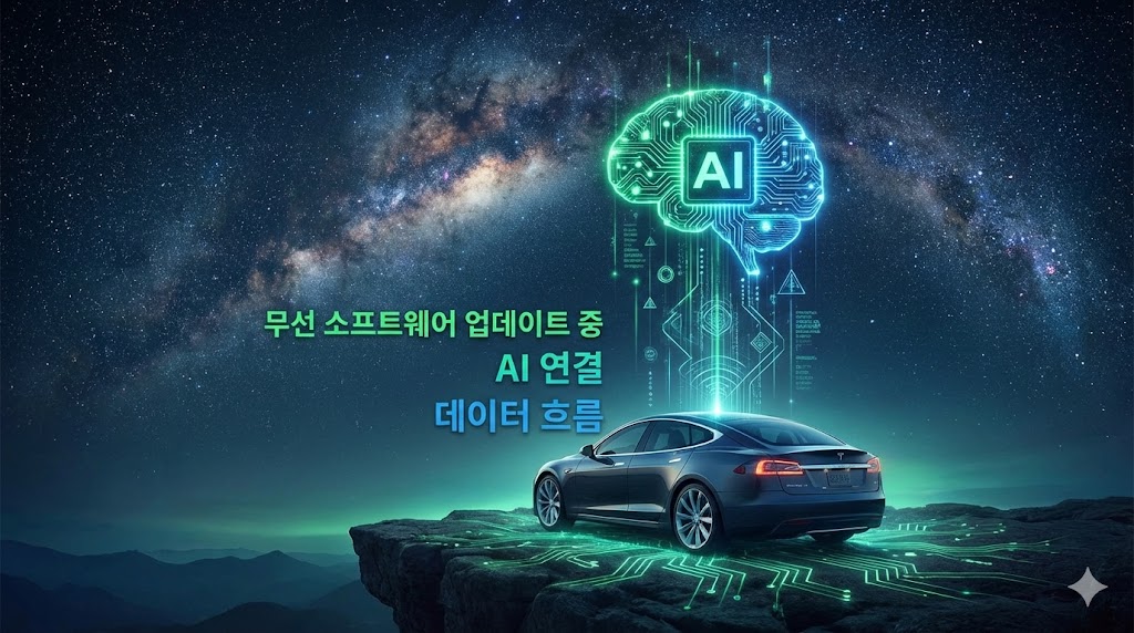 밤하늘 아래 조용히 업데이트 중인 테슬라 차량. 지붕 위로 거대한 인공지능 뇌 형상이 데이터와 연결되는 웅장한 그래픽 일러스트