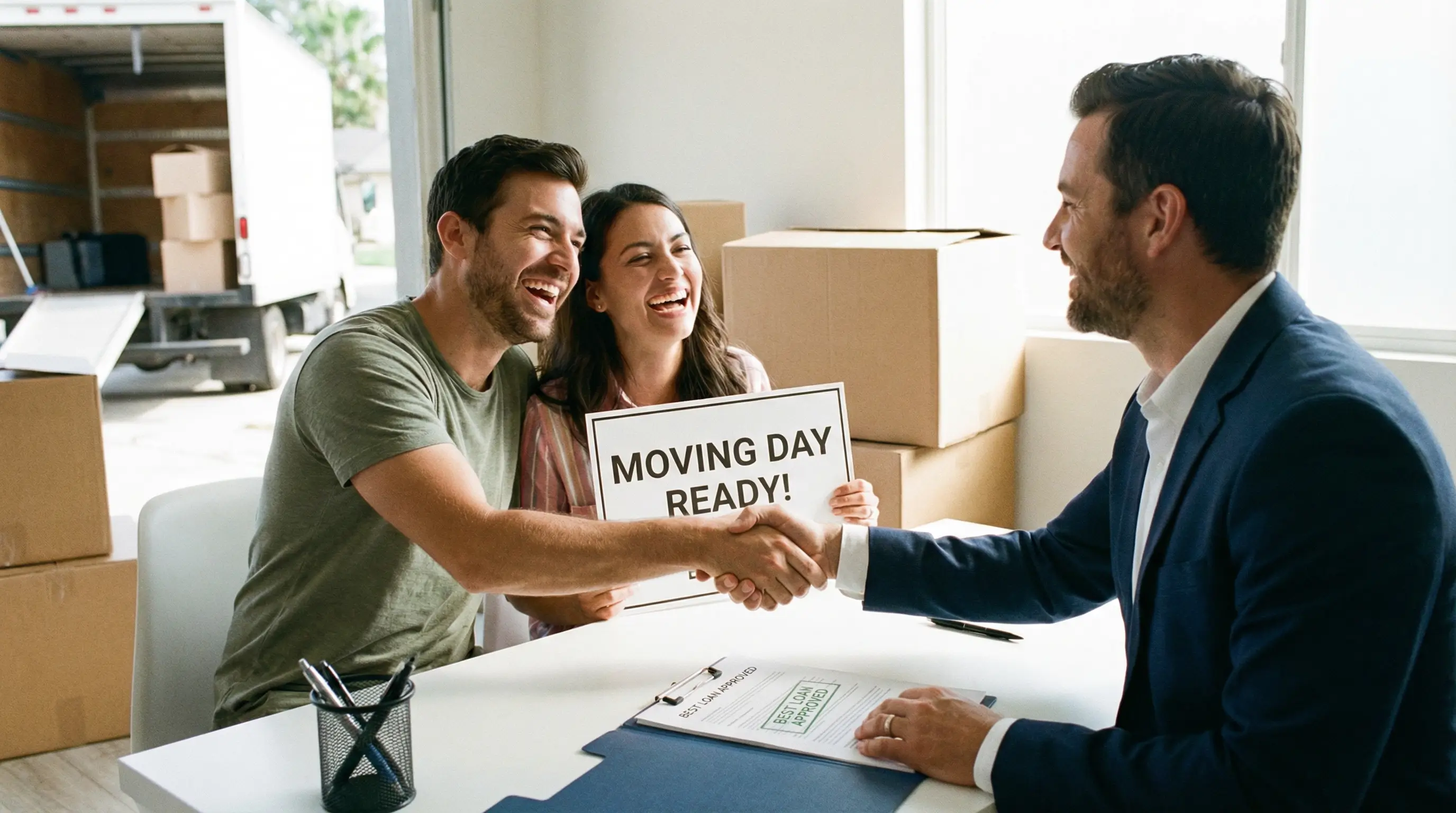 금융 전문가와 상담하며 최적의 대출 상품을 선택하고 이사 준비를 마치는 행복한 모습
