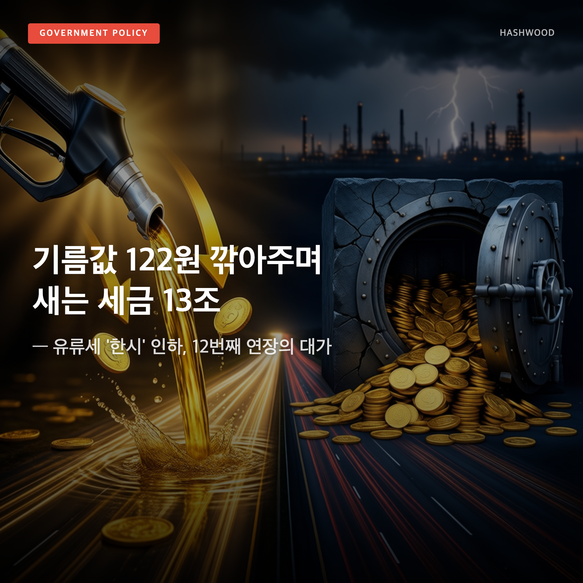 그림: 기름값 122원 깎아주며 새는 세금 13조 — — 유류세 '한시' 인하, 12번째 연장의 대가