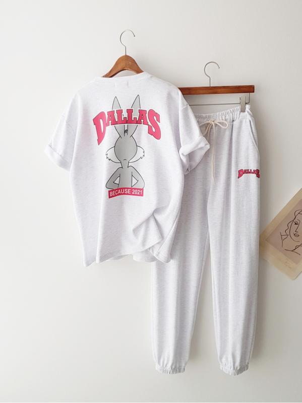 카인드 토끼 프린트 루즈핏 반팔티셔츠 조거바지 트레이닝팬츠 데일리 꾸안꾸 여름 홈웨어 추리닝세트