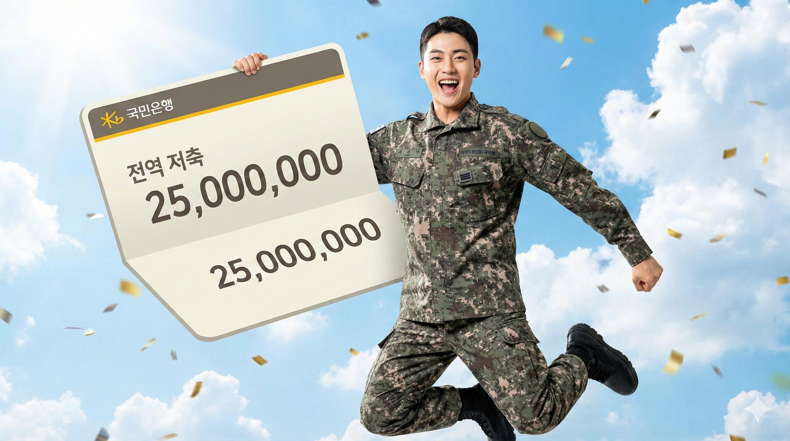 군복을 입은 청년이 2,500만 원이 찍힌 대형 통장을 들고 환호하는 모습 - 파란 하늘 배경