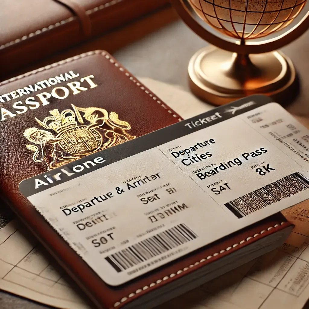 공항 카운터 위에 놓인 국제선 항공권의 극사실적 이미지&amp;#44; 항공사 로고&amp;#44; 목적지 및 출발 정보&amp;#44; 비행 번호와 좌석 등급이 포함된 모습&amp;#44; 배경에 현대적인 보딩 게이트와 기내 수하물 손잡이가 있는 장면