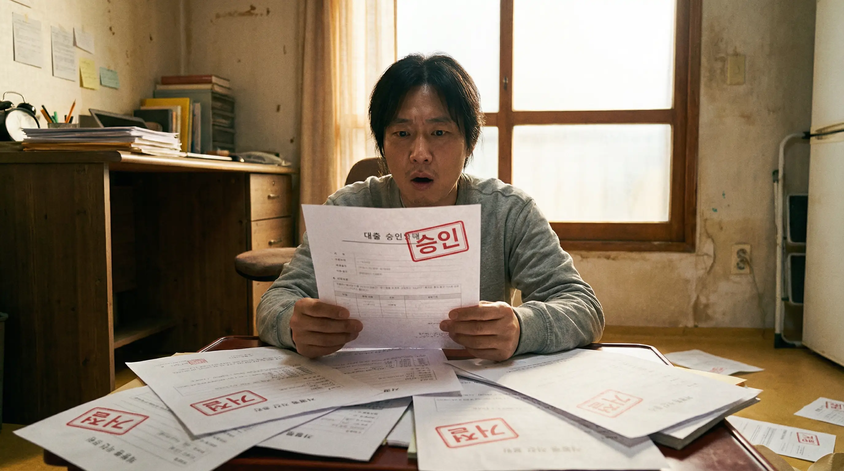 거절된 대출 서류들 사이에서 승인 도장이 찍힌 서류를 발견하고 희망을 찾는 구직자의 모습