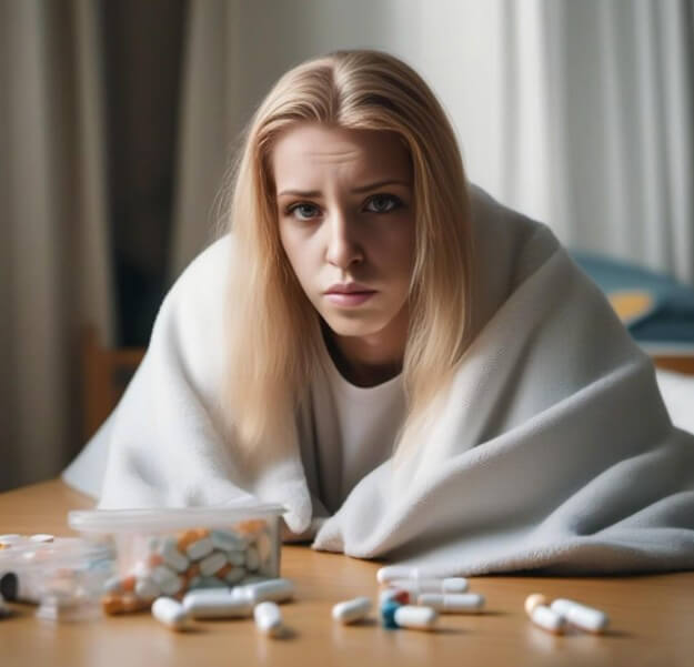 몸이 안 좋은 여성 앞에 놓여 있는 여러 가지 알약들