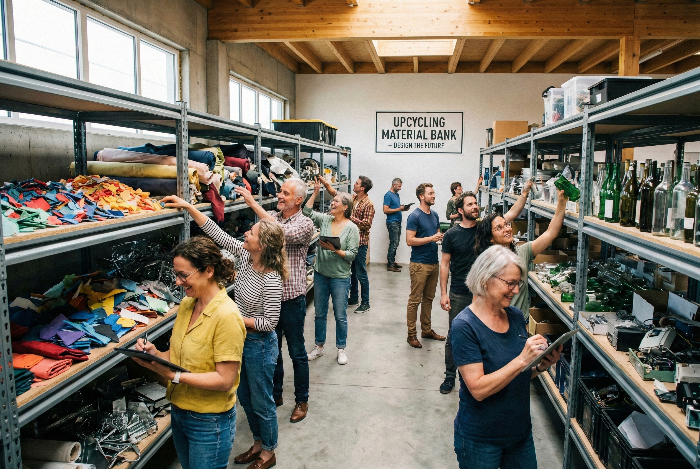 지자체의 지원을 통해 구축된 업사이클링 소재 은행과 창업가들의 협업.
