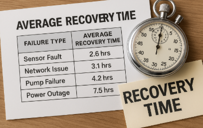 고장 유형별 평균 복구 시간을 표시한 표와 스톱워치가 함께 놓인 장면, 표에는 센서 오류&middot;네트워크 장애&middot;펌프 고장&middot;정전 등이 표시됨