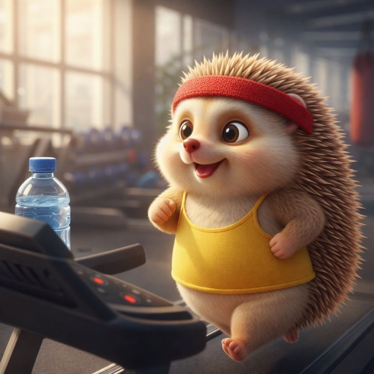 운동복 입은 도치씨가 런닝머신 위에서 뛰는 모습, 머리카락 휘날리며 건강한 표정